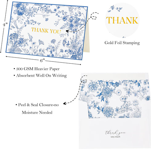 50 Pack Crisky Blue Floral Thank You Cards Gold Foil Greeting Notes Bulk with Envelopes & Stickers for Birthday, Baby