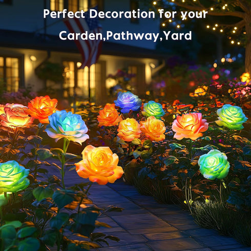 4 Pack IP65 7-Color 10H+ Solar Rose Lights Outdoor: Waterproof Changing LED Flower Stakes for Garden Pathway Patio Lawn