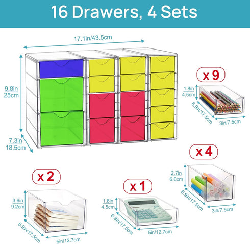 Vtopmart Acrylic Organizer with 16 Drawers, 4 Set Clear Makeup Organizer, Dustproof Storage for Office Supplies