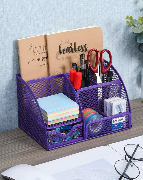EasyPAG Mesh Office Desktop Organizer with Drawer, Metal Stationary Desk Caddy, 6 Compartments, Purple