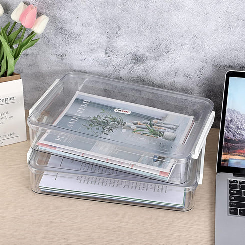 BTSKY 2 Pack Clear Plastic Stackable Storage Box, Portable Document Holder for 8.5 x 13 Letter A4 Files