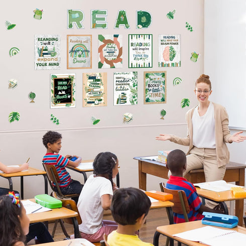 Hedeey 45 PCS Reading Bulletin Board Set - Eucalyptus Classroom Decorations with Motivational Positive Sayings Posters