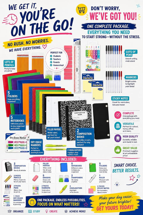 Set 70 Mega Essential Supplies for Students - School Supply Kit for Kids & Teens Includes Notebooks, Pens, Pencils