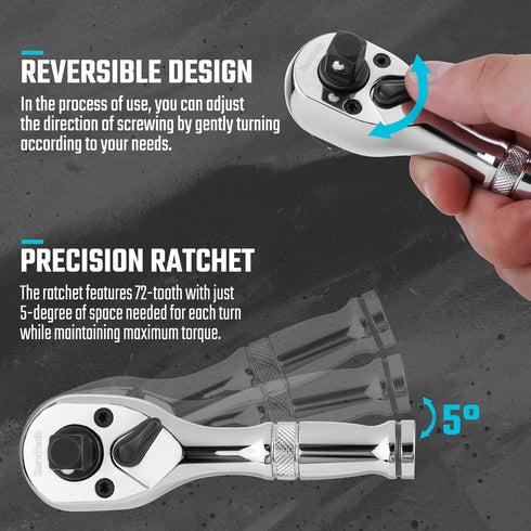 DURATECH Stubby Ratchet Set, 3-IN-1 Ratchet Handle with Extension Bars, Alloy Steel