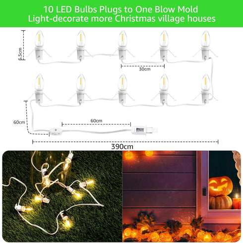 Christmas Village Lights with 10 LED Warm-White Bulbs, Decoration for Christmas Village Houses, C7 Christmas Village