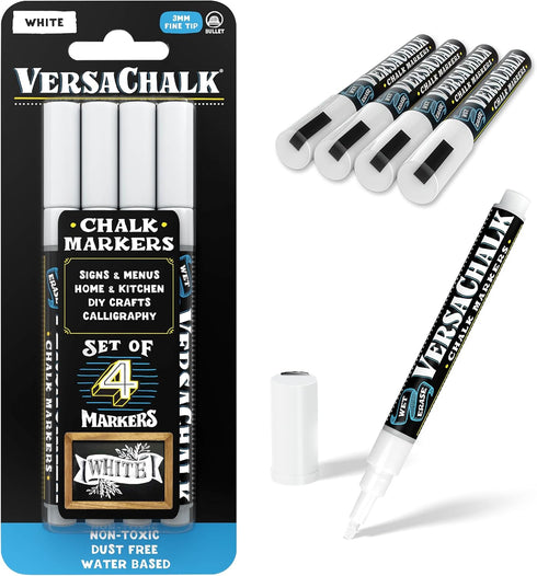 VersaChalk White Liquid Chalk Markers - Set of 4 with 3mm Tip for Creative Writing and Art
