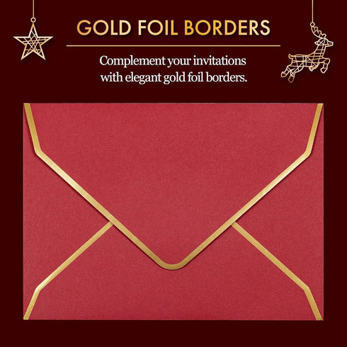 Invitation Envelopes, 100-Pack 5x7 for Invitations, Gold Foil Bordered A7, Christmas Colors