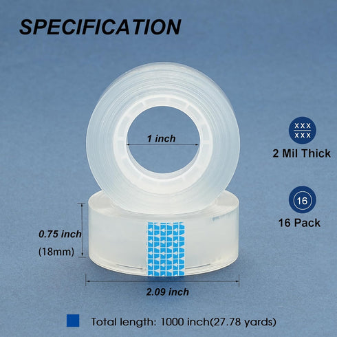 Transparent Tape Refills Bulk, 16 Rolls Clear Tapes, 3/4 Inch X 1000 Inch for Home School Office Supplies