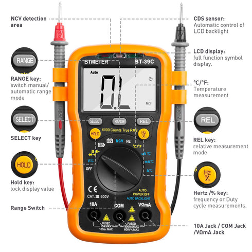 BTMETER BT-39C True RMS Digital Multimeter, Auto Ranging for AC DC Voltage, Current, Resistance Tester