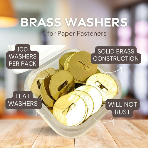 Brass Washers for Paper Fasteners, 1/2 Inch Slotted Brass Gold-Plated Round Metal Brads for Scrapbooking, 100 Pack