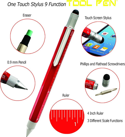 9-in-1 Monteverde USA Tool Mechanical Pencil in Red Multifunctional Pencil with Stylus, Screwdrivers, Ruler, and Eraser