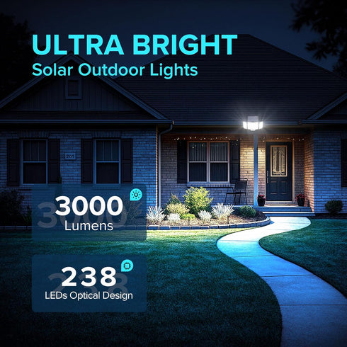 3000LM 238 1 Pack 3-Head 6500K IP65 3 JJX Solar Outdoor Lights LED, Motion Sensor Outdoor Lights, Waterproof Lighting