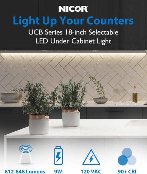 18 Dimmable Undercounter 2700K-5000K, 612-648 9W LED Direct Wire Under Cabinet Light - LED Lights for Kitchen