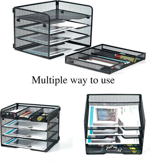 SETTFRFE 4-Tier Mesh Paper Letter Tray, Desk Organizer with Sliding Drawer, Black Office Supplies for Home Office