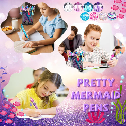 Yeaqee 24 Sets Mermaid Beadable Pens, Assorted Beaded Pen Making Kit, Multicolor Black Ink DIY Ballpoint