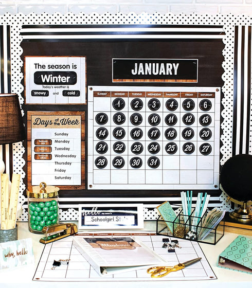 Schoolgirl Style Industrial Chic 95-Piece Calendar Bulletin Board Set, Rustic Farmhouse Monthly Calendar