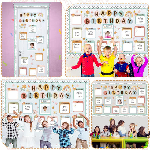 Boho Happy Birthday Bulletin Board Decorations Set with Rainbow Chart and Cutouts for School Calendar and Birthday