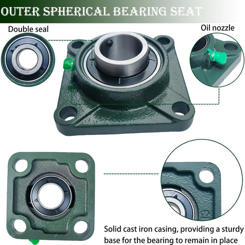 2 Pack UCF207-22 Pillow Block Bearing, Square Flange 4 Bolt Mounted, 1-3/8" Bore, Solid Cast Iron Base