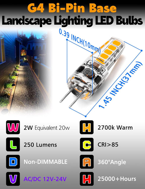 G4 LED Bulb 12V-24V JC Type, 2W Warm White 2700K, 20W-30W Halogen Equivalent, Non-Dimmable, 10pcs for Landscape Lighting