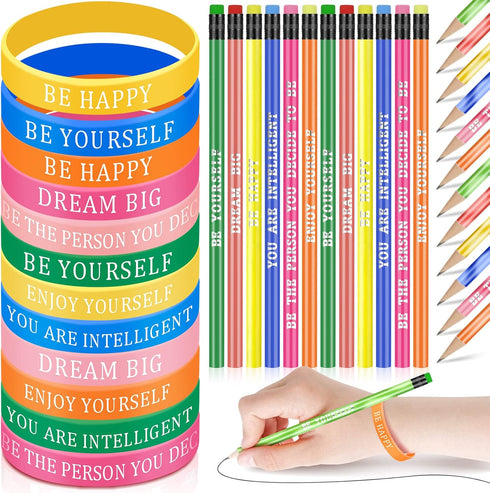Sabary 48 Pcs Motivational Pencils Set, Inspirational Silicone Bracelets, Kids Teens Christmas Gifts