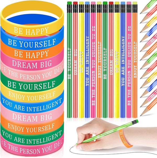 Sabary 48 Pcs Motivational Pencils Set, Inspirational Silicone Bracelets, Kids Teens Christmas Gifts