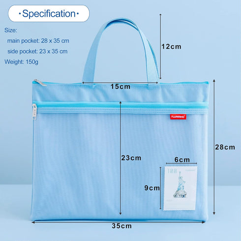 Pendancy Mesh Zipper Pouch 11x13.7 in, Large Double Pocket Waterproof File Bag with Handle, A4 Size Foldable Document Storage for Puzzle Project/Cross Stitch/Travel/Office(Blue) by pendancy