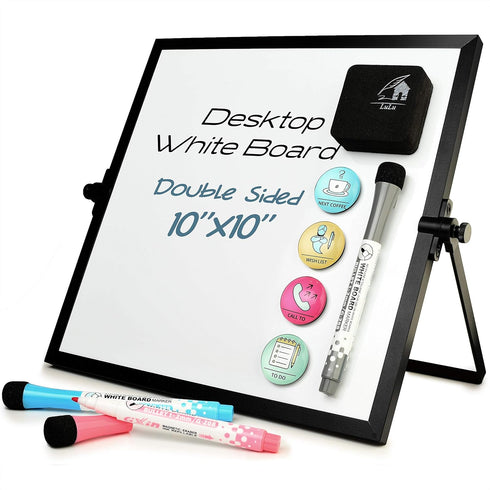 Small Dry Erase White Board 10"X10", Desktop Black Frame with Stand, 3 Markers