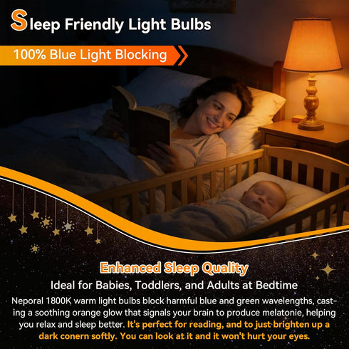 A15 Bulb 1800K, Bulb 7W 40W, E26 (2, Neporal Amber LED Light True Blue Light Blocking Sleep Aid for Bedroom Nursery