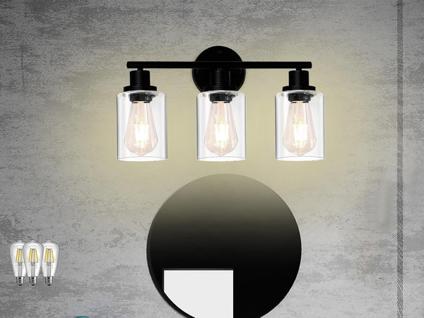 Ldeco 3 Light Bathroom Light Fixtures(Bulbs Included.),Black Vanity Lights with Clear Glass