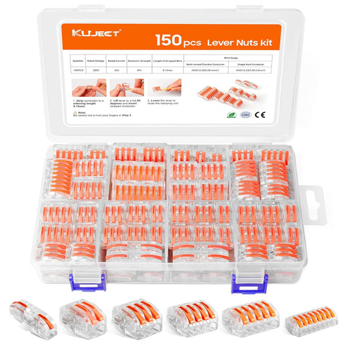 Kuject 150PCS Lever Wire Nuts Connectors Kit, Electrical Lever Wire Connectors Push-in AWG 28-12, 2/3/4/5/8 Conductor