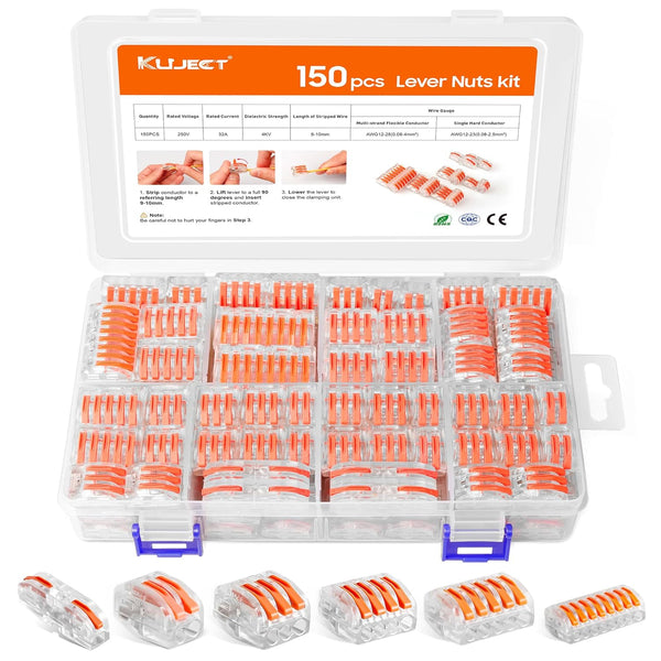 Kuject 150PCS Lever Wire Nuts Connectors Kit, Electrical Lever Wire Connectors Push-in AWG 28-12, 2/3/4/5/8 Conductor