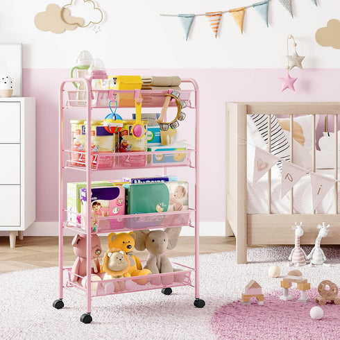 4-Tier 3 SYKIARIOL Metal Utility Cart, Mesh Wire Rolling Cart on Wheels, Storage Trolley with Easy Assembly, Organizer