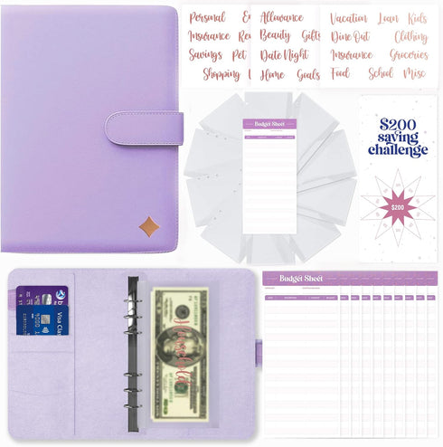 SOUL MAMA Budget Binder with Cash Envelopes - Purple Money Organizer for Cash, A6 Binder for Budgeting
