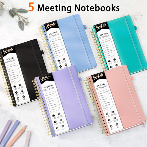 WEMATE 5 Pack Meeting Notebooks with Action Items, 200 Pages, PU Leather Notebook 10" × 7", Color Set 2