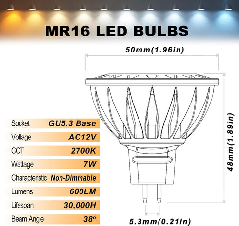 ALIDE MR16 7W Led Bulbs Replace 50W-75W Halogen, GU5.3 MR16 2700K Warm White,12V Low Voltage MR16 Bulb Spotlight for Outdoor Landscape Flood Track Recessed Track Lighting,600lm,38 Deg,6 Pack by ALIDE