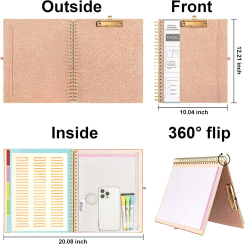 Clipboard Folio with Refillable Lined Notepad for Letter Size 8.5 x 11, 10 Pockets, Rose Gold Clipboards