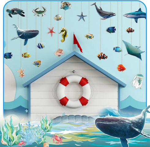 Fulmoon 62 Pcs Realistic Sea Ocean Animal Bulletin Board Decor, Sharks, Whales, Turtles Cutouts for Classroom
