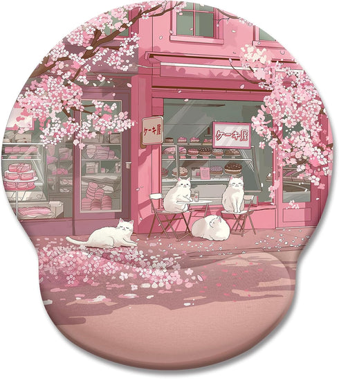 Cat Ergonomic Mouse Pad with Wrist Rest, Pink Cherry Blossom Design, Non-Slip Pain Relief Base, Cute Office Decor