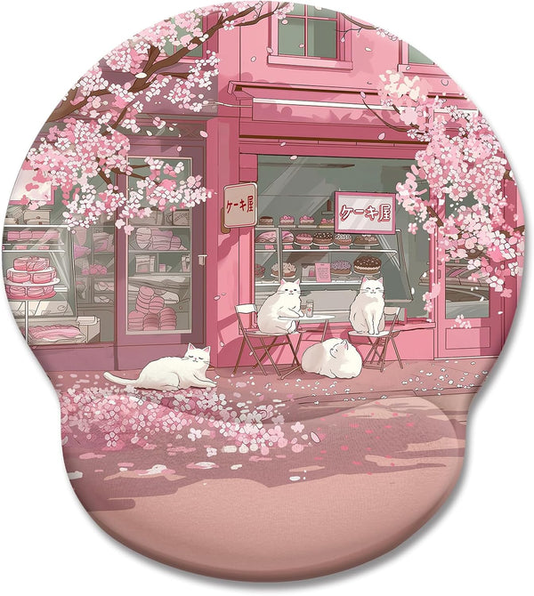 Cat Ergonomic Mouse Pad with Wrist Rest, Pink Cherry Blossom Design, Non-Slip Pain Relief Base, Cute Office Decor