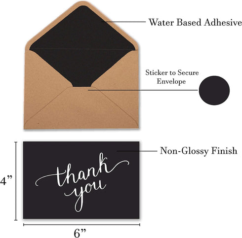 T&M Quality Designs LLC 100 4 4x6 Inch Black Thank You Cards with Brown Kraft Envelopes and Stickers - Designs Bulk