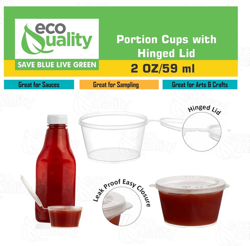 EcoQuality 50 Pack 2 Oz Leak Proof Plastic Condiment Souffle Containers with Attached Lids for Sauces, Food Storage