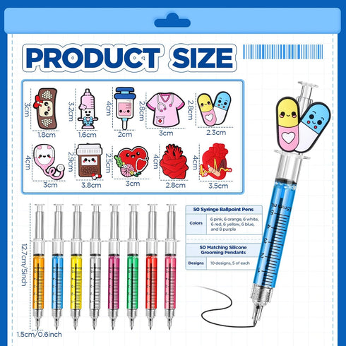 Estune 100 Set 50 50 Pcs Cute Nurse Pens Bulk Include DIY Nursing Silicone Accessories Retractable Black Ink Syringe