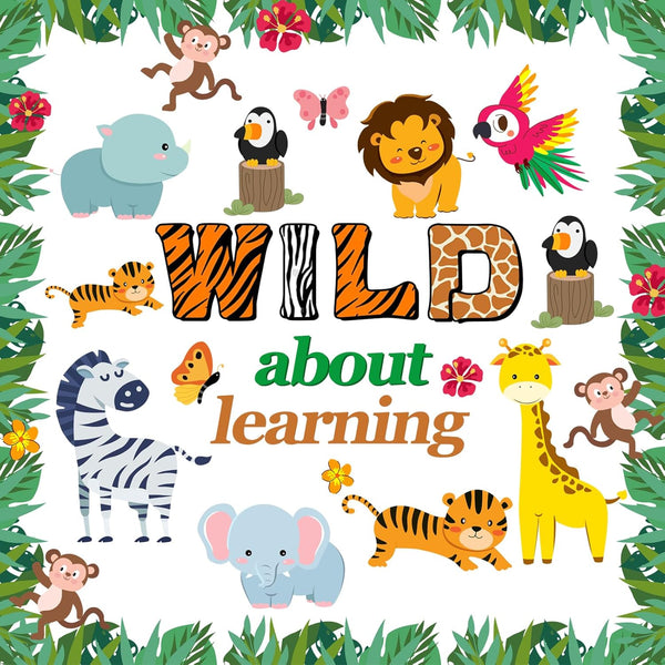 Jungle Animals Bulletin Board Decoration Set, Wild about Learning Cutouts for Kindergarten, Preschool, Elementary Decor