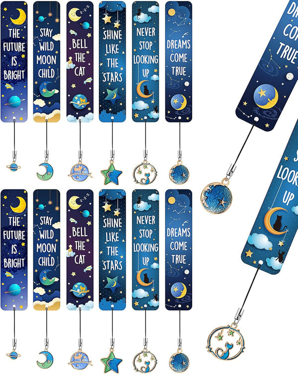 Zonon 12 Pcs Space Bookmarks with Metal Charms, Cat Moon Star Celestial Bookmarks for Children, Inspirational Quotes