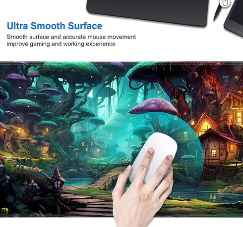 IMAYONDIA (35.4x15.7 Mushroom Anime Desk Mat in), Fairy Forest Large Gaming Mouse Pad for Laptop Computer, Tabletop