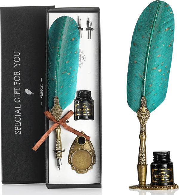 VANGOAL Vintage Green Feather Pen and Ink Set, Classic Goose Quill Pen with Carving Stand, Antique Writing Gift
