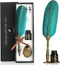 VANGOAL Vintage Green Feather Pen and Ink Set, Classic Goose Quill Pen with Carving Stand, Antique Writing Gift