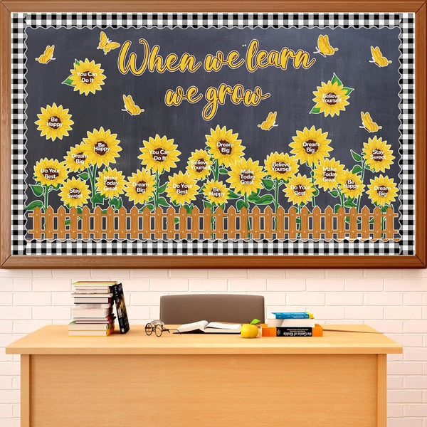 Sunflower Bulletin Board Decoration Set, Summer Sun Flower Cutouts with Motivational Sayings, Butterflies, Fences for
