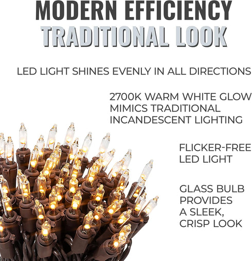 612 100 24.75 25.4 Vermont Clear LED Christmas String Lights on Brown Wire Cord, UL Approved, Indoor and Outdoor Use