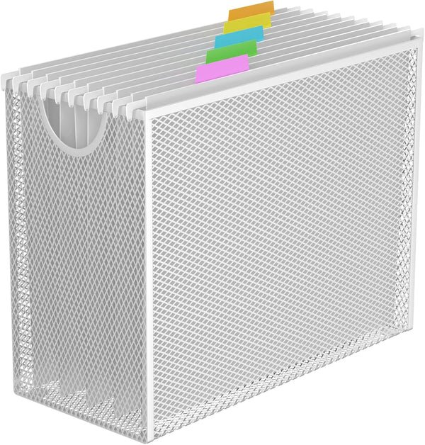 White Hanging File Organizer Box, Metal Mesh Frame with 5 Letter-size Hanging Folders